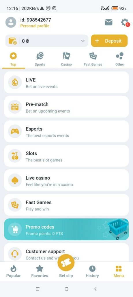 MelBet app main screen on a mobile phone